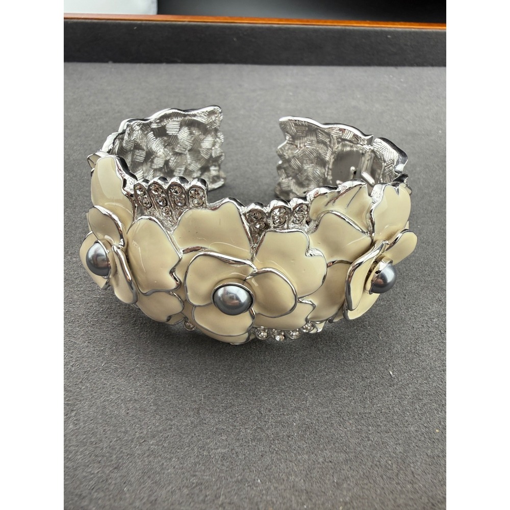 Nolan Miller Cuff Bracelet Cream Enamel Floral Faux Pearl Statement Cocktail